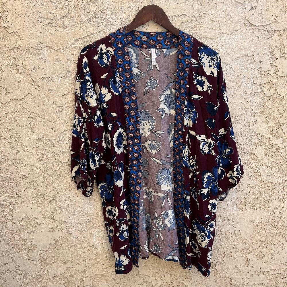 Xhilaration Floral Kimono Cover Up Burgundy Blue XS/S